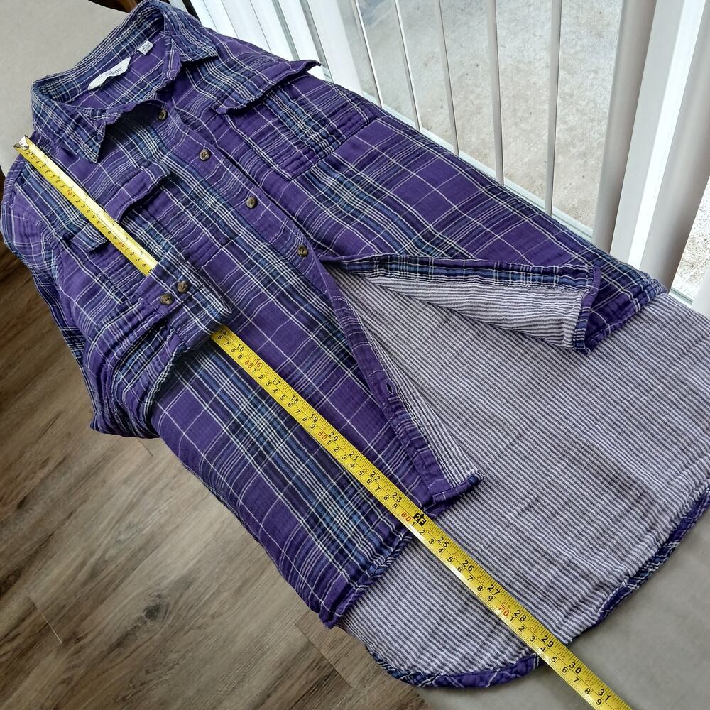 GNW Indigo Purple Plaid Double Layer Cotton Blouse M soft roll tab sleeves - Picture 11 of 12